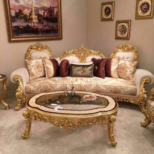 Teakwood Three Seater Antique <b>Gold</b> <b>Sofa</b> Set with Matching Table Handcrafted Foam Tufted Luxury Apartment Living Room Furniture - Product Image 1
