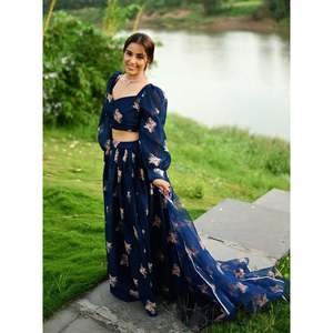 Conjunto de Lehenga Choli de Organza Azul Brillante Ecológico para Mujer, Manga Larga, Estampado Digital, para Todas las Temporadas, Boda, Corte Regular, Talla XS - Product Image 2
