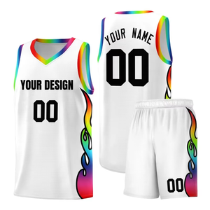 ชุดเสื้อบาสเก็ตบอลสีรุ้งแบบกำหนดเอง แขนกุด คอวี พิมพ์ลายแบบซับลิเมชั่น ผ้าตาข่ายระบายอากาศ โพลีเอสเตอร์ 100% สำหรับผู้ใหญ่ ยูนิเซ็กซ์ 140 กรัม ด้านหน้า - Product Image 1
