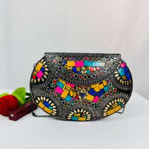 Handmade Modern Ethnic <b>Gold</b>-Plated Antique Metal Mosaic Crossbody <b>Clutch</b> Polished Colorful Beaded Evening Purse Sculpture - Product Image 4