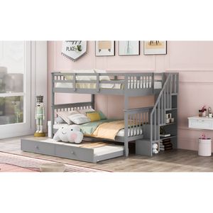 Full Over Full <b>Bunk</b> <b>Bed</b> with Twin Trundle and <b>Storage</b> Guard Rail for Bedroom Gray LT000210AAE for Kids' Dorms - Product Image 3
