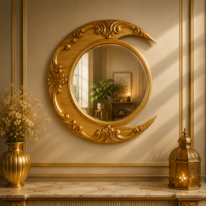 Espejo de Pared Luna Botanica con Tallado en Madera, Acabado en Madera Natural, Hecho a Mano, Espejo Decorativo con Acento de Luna Creciente - Product Image 6