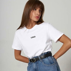 T-shirt pour femme en jersey 100% coton, blanc, col rond, avec impression de logo, coupe classique, style décontracté, manches courtes, toutes saisons, OEM - Product Image 1