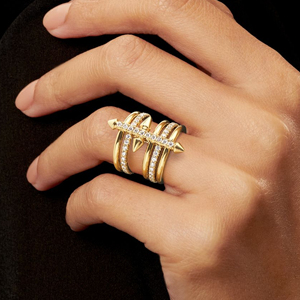Yellow <b>Gold</b> Diamond <b>Cocktail</b> <b>Ring</b> Arrow Shape Luxury Unisex Jewelry - Product Image 4
