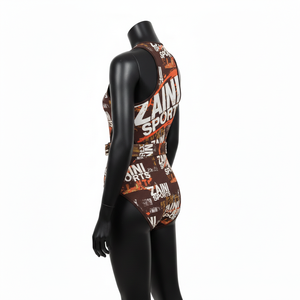 Maillot de bain une pièce pour femme en tissu extensible quatre directions de luxe, imprimé graphique marron, avec fermeture éclair et ceinture, logo personnalisé - Product Image 5