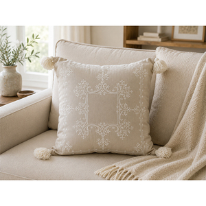 Premium 100% Cotton Embroidered <b>Cushion</b> <b>Cover</b> with Decorative Tassels | Luxury Accent Pillow <b>Cover</b> - Product Image 3