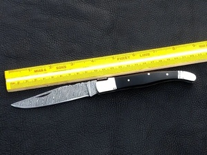 Handmade Damascus Steel <b>Drop</b> Point Straight Folding Pocket Knife Black Wood Handle Leather Belt Sheath Custom Outdoor Utility - Product Image 5