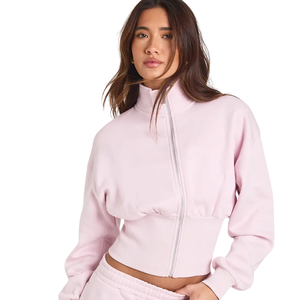 Women Fleece Cropped Full Zip Tracksuit Set Stand Collar <b>Jacket</b> <b>Straight</b> Leg Trousers Relaxed Fit Casual Two Piece Lounge Outfit - Product Image 3