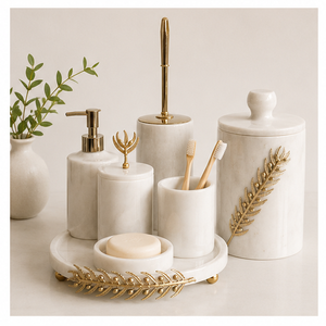 Ensemble d'accessoires de salle de bain en marbre blanc 5 pièces avec décor de branche d'olivier dorée, ensemble de vanité en pierre naturelle artisanale de qualité supérieure pour hôtels - Product Image 6