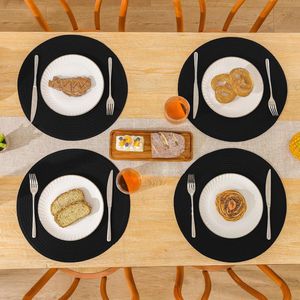 Round Braided 15-Inch <b>Table</b> <b>Mats</b> Set 6 Heavy Duty Cotton Polyester Place <b>Mats</b> Black-Washable and Heat Resistant - Product Image 1