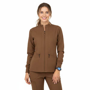 Blouse d'hôpital personnalisée de haute qualité pour femme, veste de travail zippée à manches longues, extensible, avec poches, veste de travail personnalisée - Product Image 1