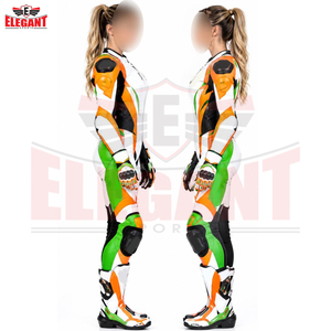 Combinaison de moto en cuir une pièce pour femme, nouvelle tendance, color block orange, vert et blanc, avec protections coulissantes, marque privée - Product Image 2