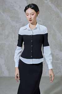 Ensemble chemise kaki élégante et jupe superposée noire et blanche pour femme de bureau, modèle MARINA KS49, vente en gros, fourni par Vietnam Fashion Supply - Product Image 3