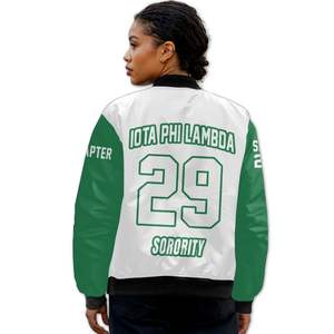 Iota Phi Lambda Women Custom Chapter Varsity Jacket White Emerald Green Greek Letter Crest Front <b>Back</b> Year Zip Bomber Jacket - Product Image 2