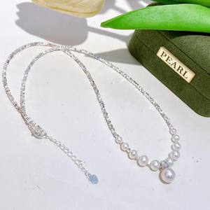 Early Summer S925 Pure <b>Silver</b> Water Droplet <b>Necklace</b> with 3-9 Natural Freshwater <b>Pearls</b> Simple Jewelry Collarbone Chain - Product Image 2