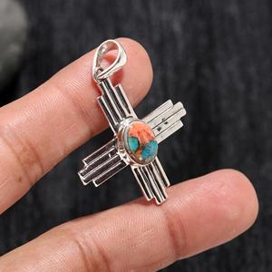 Colgante para Mujer, de Plata de Ley 925, con Ostra Natural, Cobre, Turquesa, Gema del Mes de Diciembre, Joyería Bohemia Hecha a Mano - Product Image 1