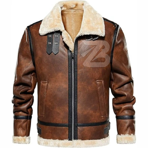 <b>Men's</b> Genuine Leather Aviator <b>Jacket</b> With Faux Fur Collar Zipper Closure Winter Moto Biker Style Thick Warm Coat - Product Image 5