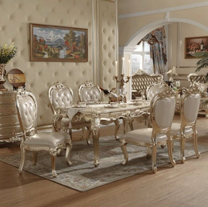 European champagne gold <b>dining</b> table <b>set</b> with pearl tufted leather <b>chairs</b> and carved legs, available at wholesale prices. - Product Image 1