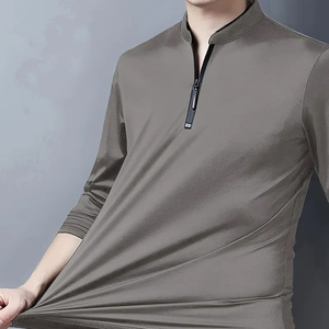 Men's Stand Collar <b>Zip</b> T-<b>Shirt</b> Long Sleeve Solid Color Casual Knitted Top 100% Cotton 120g Anti-Wrinkle Front Logo for Commuting - Product Image 2