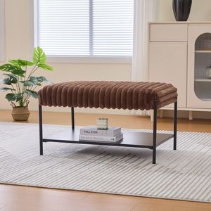 30.7\" Wide Faux Fur Footrest Ottoman Coffee <b>Table</b> <b>with</b> Black Metal Legs Wooden Open Storage Shelf <b>Stools</b> & Ottomans - Product Image 3