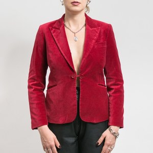 Blazer vintage en velours rouge, veste cintrée en velours pour femme, taille M - Product Image 5