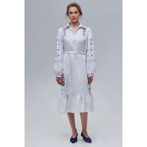 Vestido Midi de Lino Blanco Bordado para Mujer al por Mayor, Kurti Étnico con Cinturón y Dobladillo con Volantes, Cintura Natural Ecológica - Product Image 1