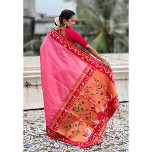 Sari en soie Paithani Rajhans tissé en zari rose bébé, vêtements indiens et pakistanais - Product Image 4