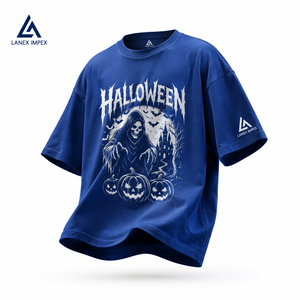 เสื้อยืดฮาโลวีนผู้ชายขายส่ง ไซส์ใหญ่ สีน้ำเงิน ผ้าฝ้าย พิมพ์ลายกริมรีปเปอร์ ฟักทอง ค้างคาว สไตล์โกธิค แขนสั้น สตรีทแวร์ - Product Image 1