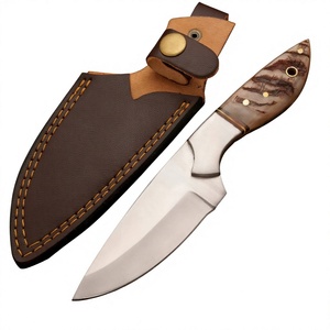 Couteau de chasse à lame fixe en acier inoxydable, pointe de lance, bord droit, couteau d'extérieur avec manche en bois et étui en cuir marron - Product Image 6