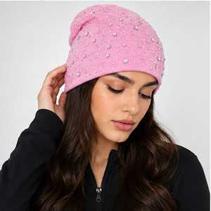 Pink Rhinestone Unisex Adult Winter Warm Knitted <b>Beanie</b> Hat 100% <b>Wool</b> Solid Color Cute Style Cycling Beach Fashion Accessory - Product Image 5