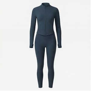 Ensemble de yoga 2 pièces avec fermeture éclair intégrale sur le devant, couleur marine unie, tissu respirant, vêtements de sport pour femmes - Product Image 1
