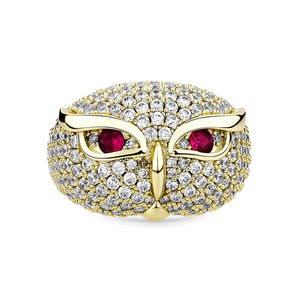 Anillo de Lujo con Diseño de Búho, Oro Blanco, Diamantes, Ojos de Rubí, Corte Brillante Redondo, Piedra Natural Certificada por GIA, Joyería Unisex para Regalo - Product Image 3