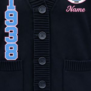 <b>Navy</b> Blue 1938 Embroidered Knit <b>Cardigan</b> V Neck Button Front Long Sleeve Pocket Varsity Style Sweater Jacket Casual Fashion - Product Image 5