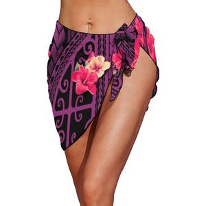 Pareo de Playa para Mujer, Personalizado, con Estampado Tribal Polinesio de Hibisco y Puntos Jacquard, con Lazos Laterales, para Cubrir el Bikini - Product Image 1