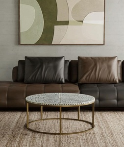 Table basse ronde de luxe en os incrusté noir, faite à la main, écologique, imperméable, légère, moderne, en provenance de l'Uttar Pradesh - Product Image 2