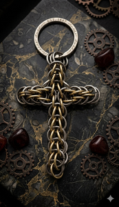 พวงกุญแจโซ่เหล็กสไตล์สตีมพังก์ทำมือ ลายไขว้แบบไบแซนไทน์สองสี ของขวัญสำหรับนักขี่มอเตอร์ไซค์ จี้รูปกางเขนโลหะสไตล์อินดัสเทรียล - Product Image 3