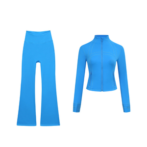 Women's Blue 2 Piece Yoga Set Full <b>Zip</b> Jacket Flare Pants High Waist Seamless Stretchy Workout Suit - Product Image 4