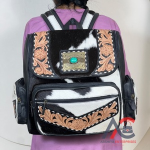2026 Western Hand Tooled Cowhide Leather <b>Backpack</b> With Turquoise Stone Bohemian Floral Design Shoulder Strap <b>For</b> Daily Use - Product Image 1