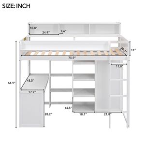 Letto a soppalco in legno bianco per bambini, singolo, con ripiani multipli e armadio - Product Image 5