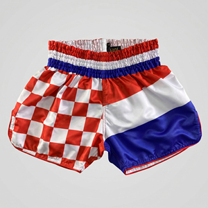 กางเกงมวยไทยชายแบบซับลิเมชั่นสั่งทำพิเศษ สีแดงขาวลายตาราง กางเกงคิกบ็อกซิ่งขายส่ง โลโก้สั่งทำ ธงชาติโครเอเชีย MMA มวยสากล - Product Image 1