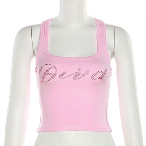 Camiseta Corta Personalizada para Mujer, Color Rosa, con Pedrería de Lujo, Ajustada, sin Mangas, Estilo Urbano, Camisola de Moda - Product Image 4