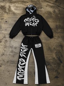 Conjunto de Sudadera con Capucha Negra Personalizada y Pantalones Anchos con Bordado en Contraste, Estilo Urbano, para Adultos, Invierno, 100% Algodón - Product Image 4