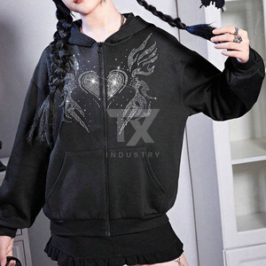 Women Rhinestone Lined Hoodies Knitted 100% Cotton Winter Front Durable Breathable Stylish - Product Image 5