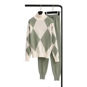 Women's Argyle Knit <b>Sweater</b> Set <b>Turtleneck</b> Long Sleeve Loose Fit Casual Wool Two Piece Winter Wear - Product Image 1
