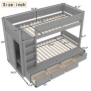 Letto a Castello in Legno Massello con 4 Cassetti Contenitore, Sponde di Sicurezza a Tutta Lunghezza, Armadio Integrato per Bambini, Senza Box S - Product Image 6