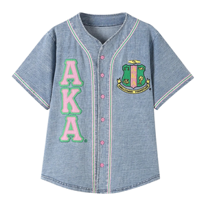 AKA Denim Baseball Jersey Light Blue Denim <b>Button</b>-Up Short Sleeve Women's Casual Greek Style Apparel - Product Image 3