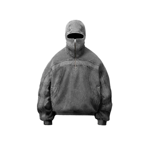 Custom High Quality <b>Men's</b> Ninja Style Half Zip Oversized Hoodie Vintage Acid Wash Balaclava Face Mask - Product Image 2