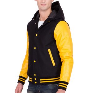 Mens Black and Yellow Hooded Varsity Jacket Yellow Leather Sleeves Letterman Bomber Jacket Casual Baseball Style Winter <b>Warm</b> Coa - Product Image 1