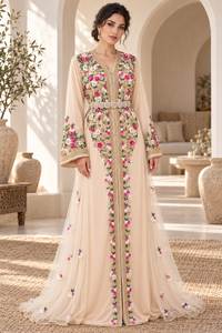 Caftán Marroquí Color Beige Champán con Superposición de Tul Transparente y Cinturón de Terciopelo Color Ciruela, Transpirable y Elegante para Fiestas - Product Image 5