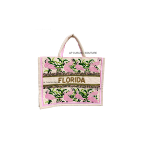 Sac fourre-tout tendance en toile entièrement perlé, motif flamant rose personnalisé, couleur vert plantes, capacité moyenne, normes internationales - Product Image 1